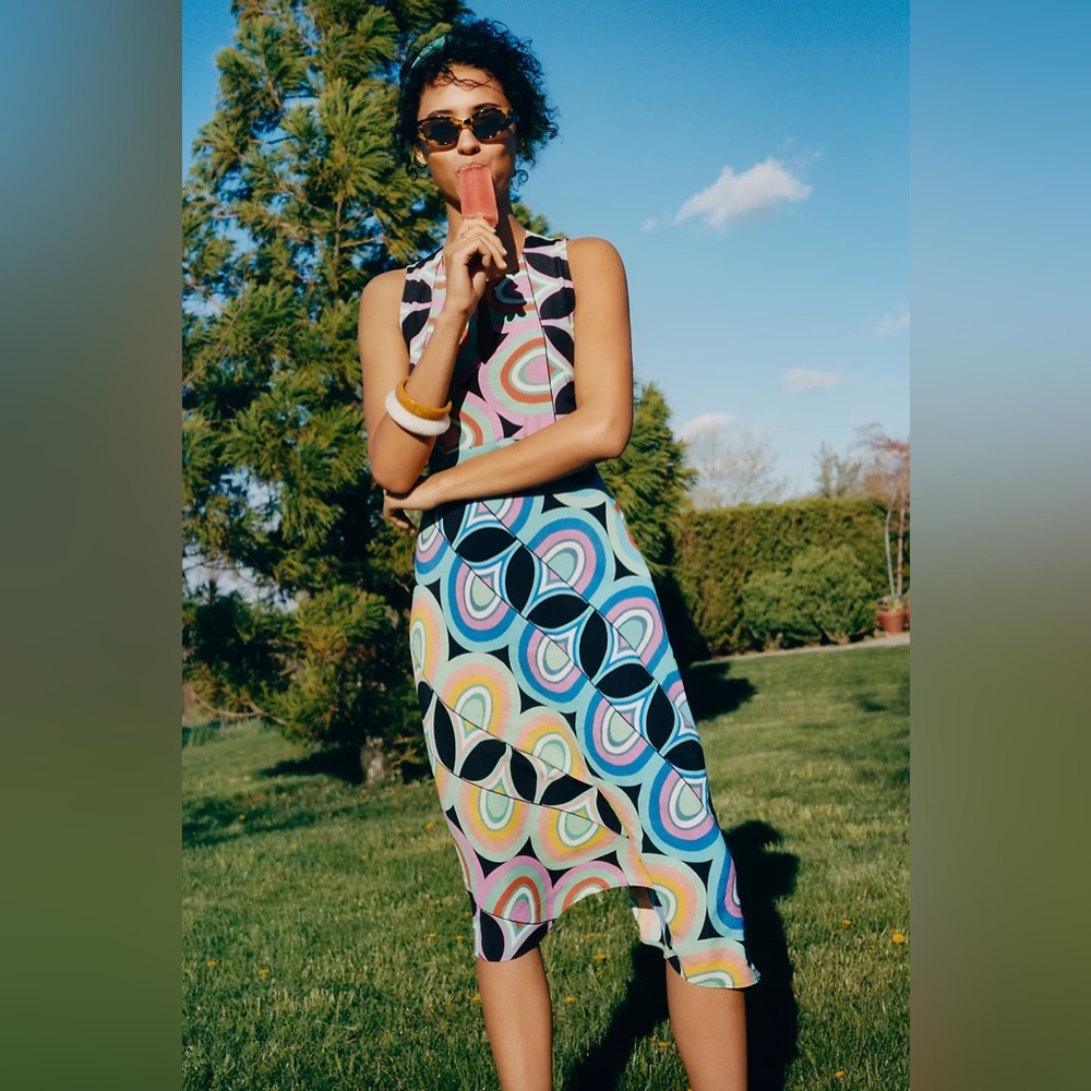 NWT By Anthropologie Colorful Geometric Midi Dress Size 10 Retro Summer Wedding